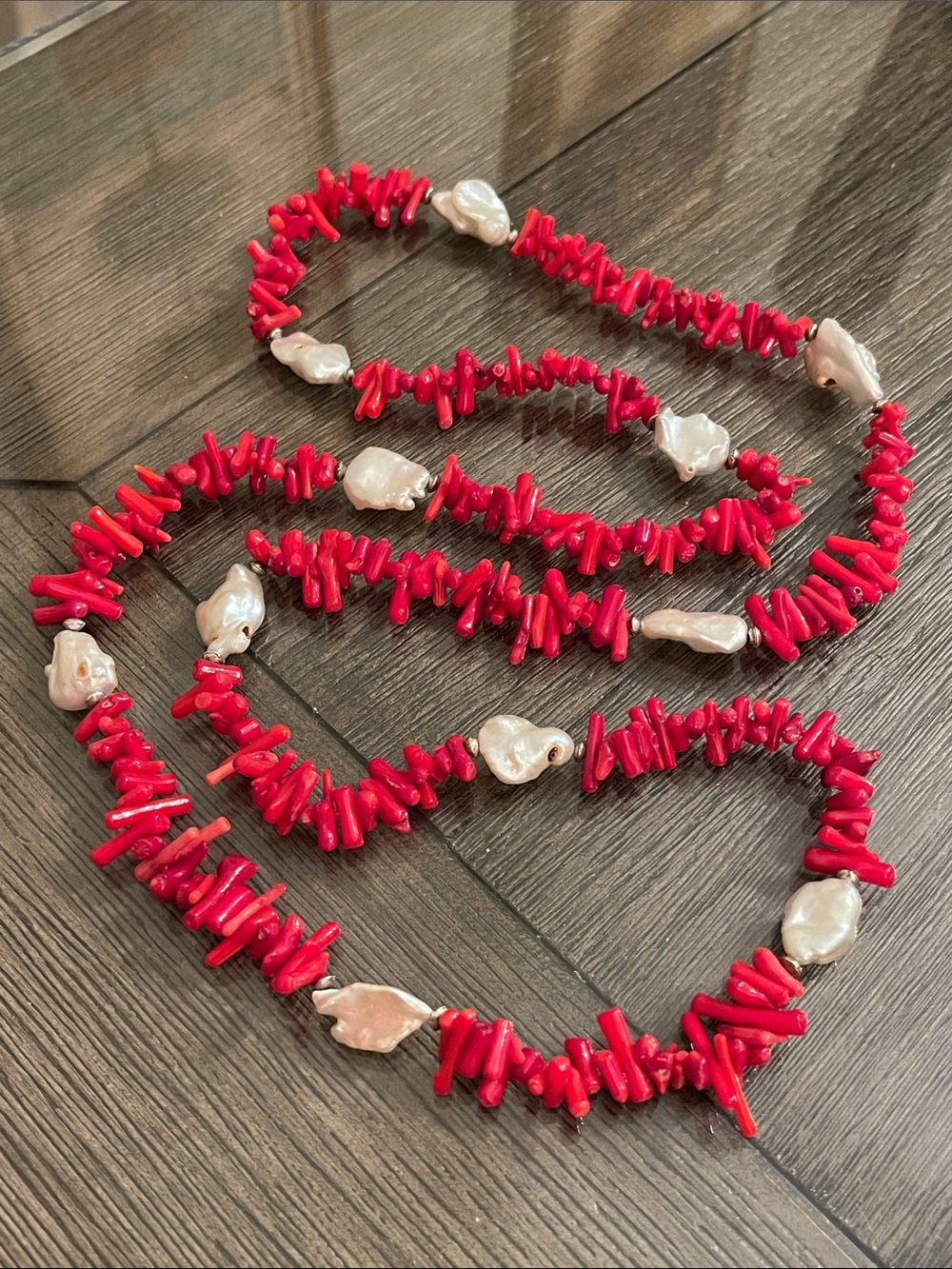 Vintage Vibrant Red Branch Coral & White Baroque Pearl Necklace Sterling Accents